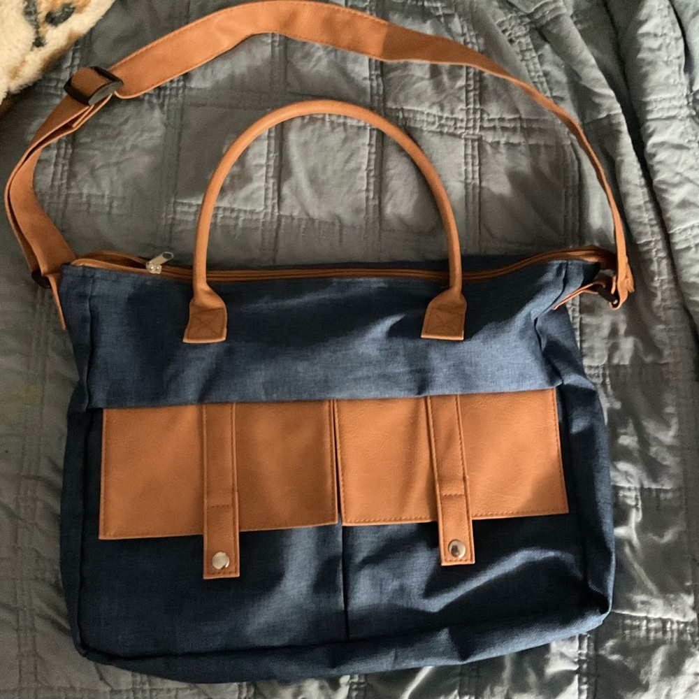 Navy Blue Canvas Brown Faux Leather tote